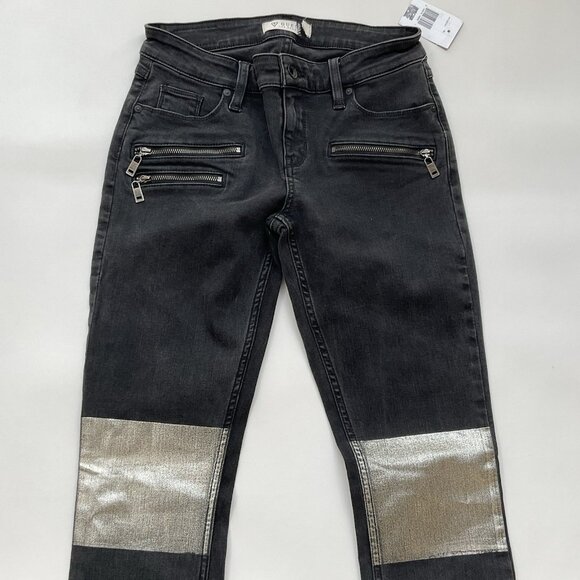 Guess Women’s Moto Zip Skinny Jeans In Black With Knee Silver Patch Size 27 - Picture 4 of 14